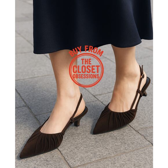 ZARA Velvet Slingback Kitten Heels NWT – Brown Ruched Pointed Toe, Size 7.5 - Picture 1 of 16